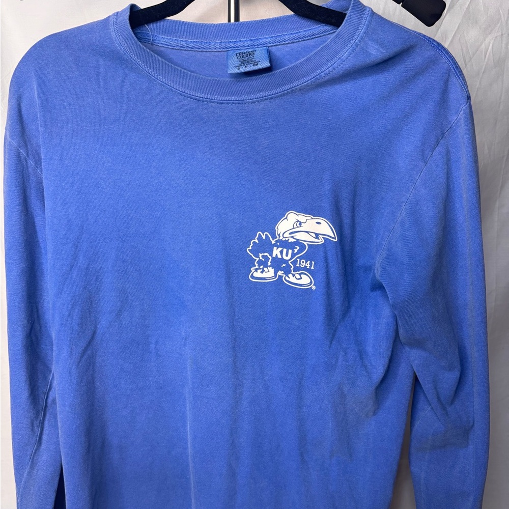 Comfort Colors Men’s Blue Long Sleeve Tee shirt sz small long sleeve KU Jayhawks